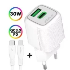 СЗУ-адаптер Walker WH-71 30W GAN (1USB / 1Type-C) + кабель Type-C - Type-C (Білий)